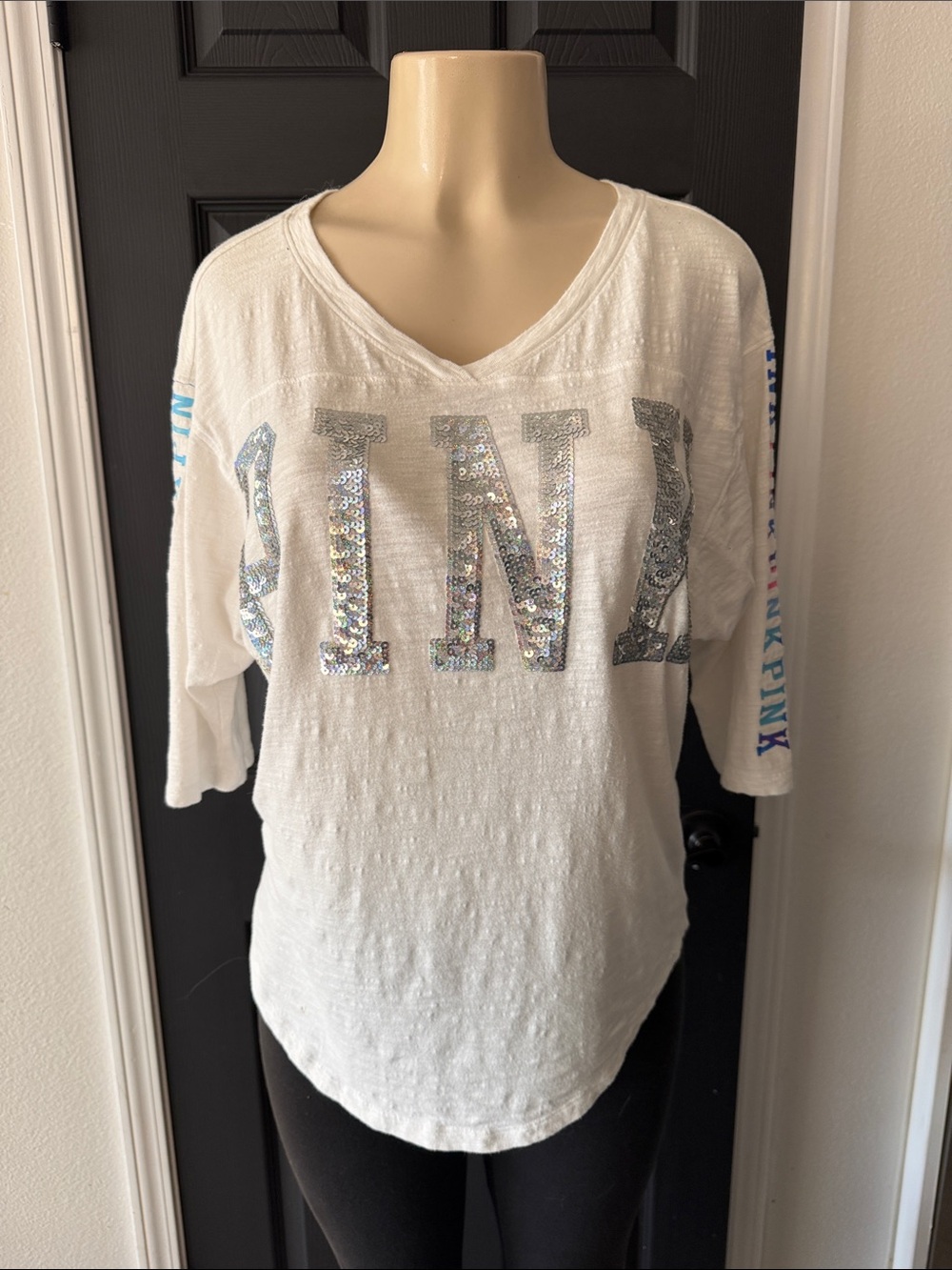 PINK Victoria's Secret White V-Neck Sequin PINK Logo Top
